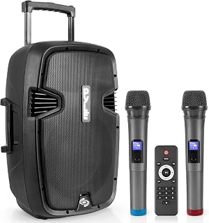 Pyle Portable Bluetooth PA Speaker System - 1000W Max Wireless Karaoke Loudspeaker with 12” Subwoofer, USB/SD/MP3/FM - Includes Dual UHF Mics, Remote, Rolling Wheels - Ideal for Parties, Events
