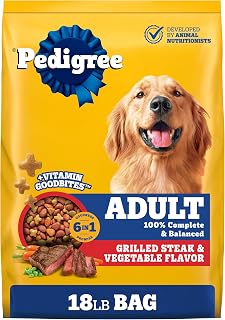 Pedigree Adult Complete Nutrition Dry Dog Food, Steak & Vegetable, 18 lb | Nutrient boost, prebiotic fibers, 36 vitamins & minerals, Omega 6 & Zinc, natural flavors, supports skin & coat, 0% fillers
