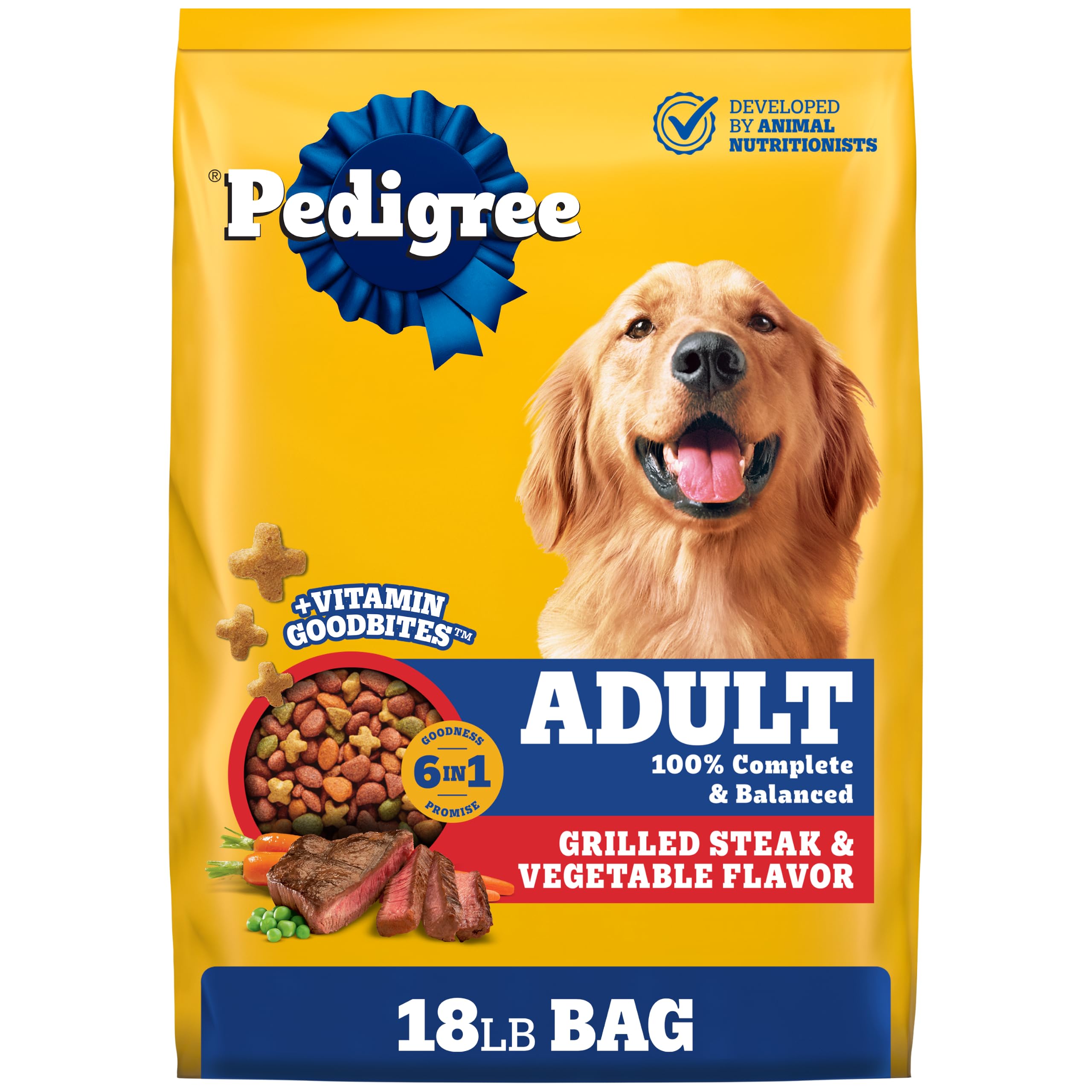 Pedigree Adult Complete Nutrition Dry Dog Food, Steak & Vegetable, 18 lb | Nutri