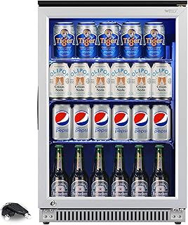 Weili 20 Inch Under Counter Beverage Refrigerator with Glass Door, 120 Can | Built-in/Freestanding, Lock, 3.2 Cu.Ft, Stainless Steel, Adjustable Shelves, Beer Soda Drink Fridge, for Home Bar Office