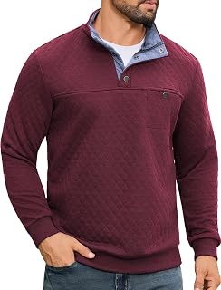 URRU Sweat-shirt matelassé contrasté pour homme, col montant, manches longues, quart de boutonnage, pull d'automne