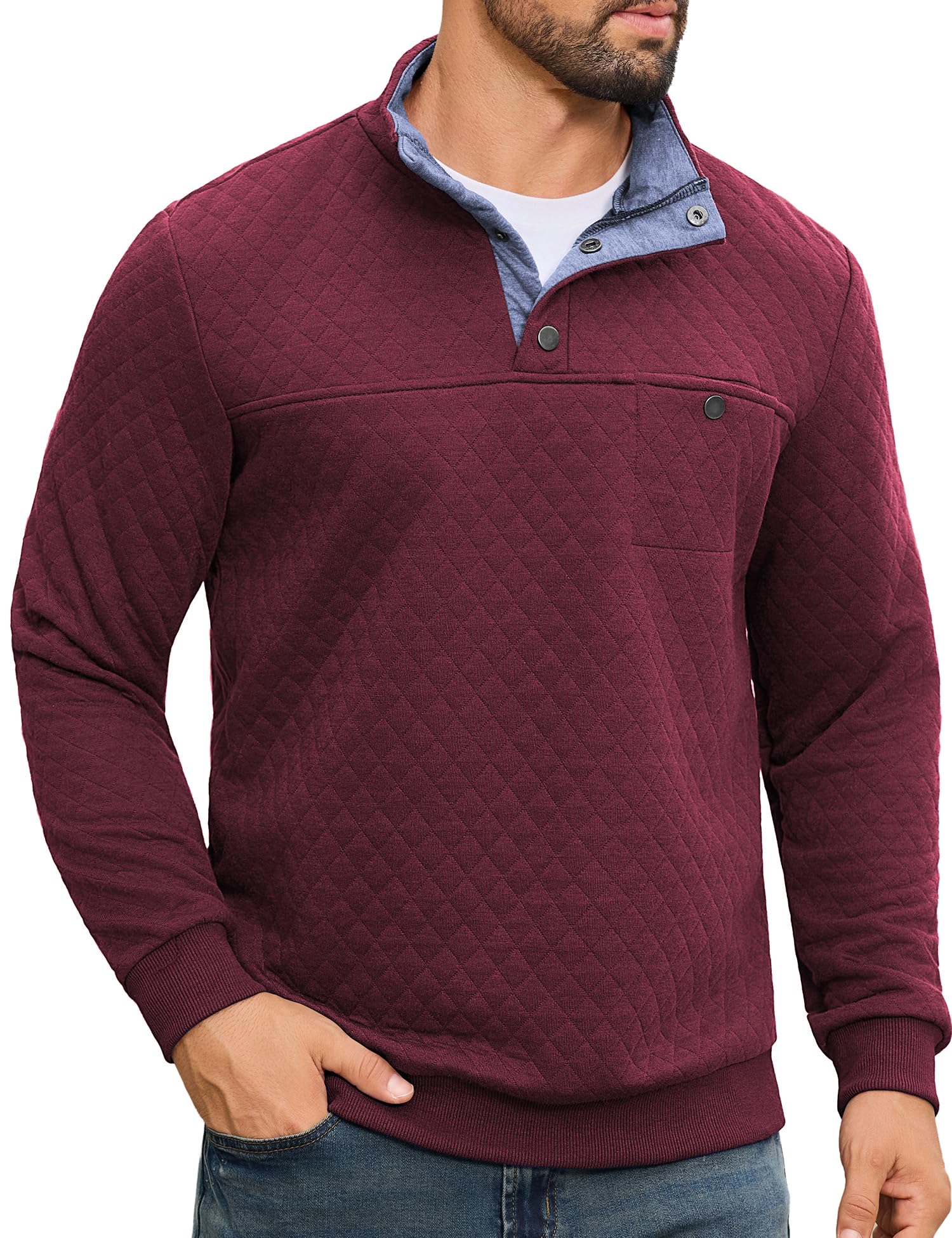 URRU Sweat-shirt matelassé contrasté pour homme, col montant, manches longues, q