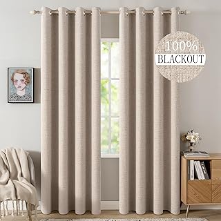 MIULEE 100% Blackout Linen Curtains for Bedroom, 52W x 84L Inch, Beige | Room Darkening, Light Blocking, Thermal Insulated, Grommet Top, Linen Textured, Window Curtains for Living Room, 2 Panels