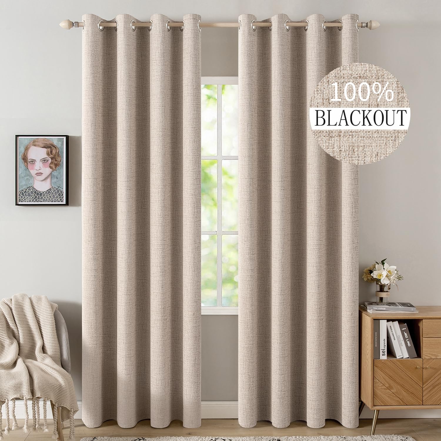 MIULEE 100% Blackout Linen Curtains for Bedroom, 52W x 84L Inch, Beige | Room Da