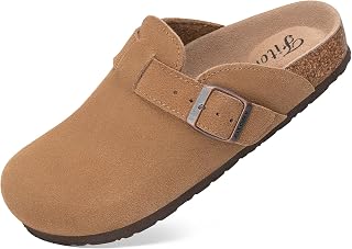FITORY Women's Leather Clogs, Flat Slip On Suede Mules Size 3-9 UK