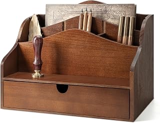 Rebee Vision Mail Organizer for Desk with 4-Slot Letter Home Decor, Brown | Pine Wood, Rustic Mail Holder, Drawer and Dividers, Desktop Organizer, Store Jewelry, Home Decor Aesthetic
