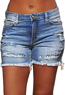 Flamingals Ripped Stretchy Jean Shorts for Women Raw Hem Low Waist Casual Trendy Denim Shorts
