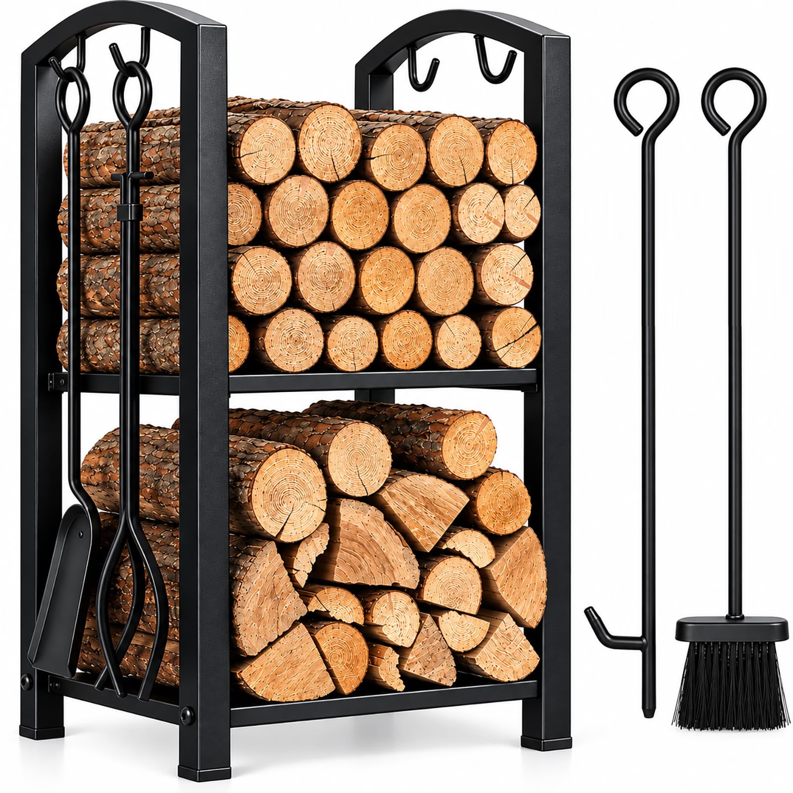 FEED GARDEN Firewood Rack Log Holder with 4-Piece Fireplace Tool Set, 29" H | Tw