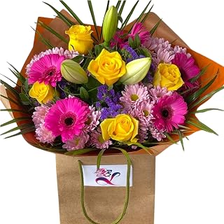 Spring Symphony Fresh Flowers Rose, Lily, Gerbera Golden Orange Fall | Unique Birthday Gift—Expressions of Love Arrangement Occasion for anniversary, Thank you—celebrations, Seasonal Wedding