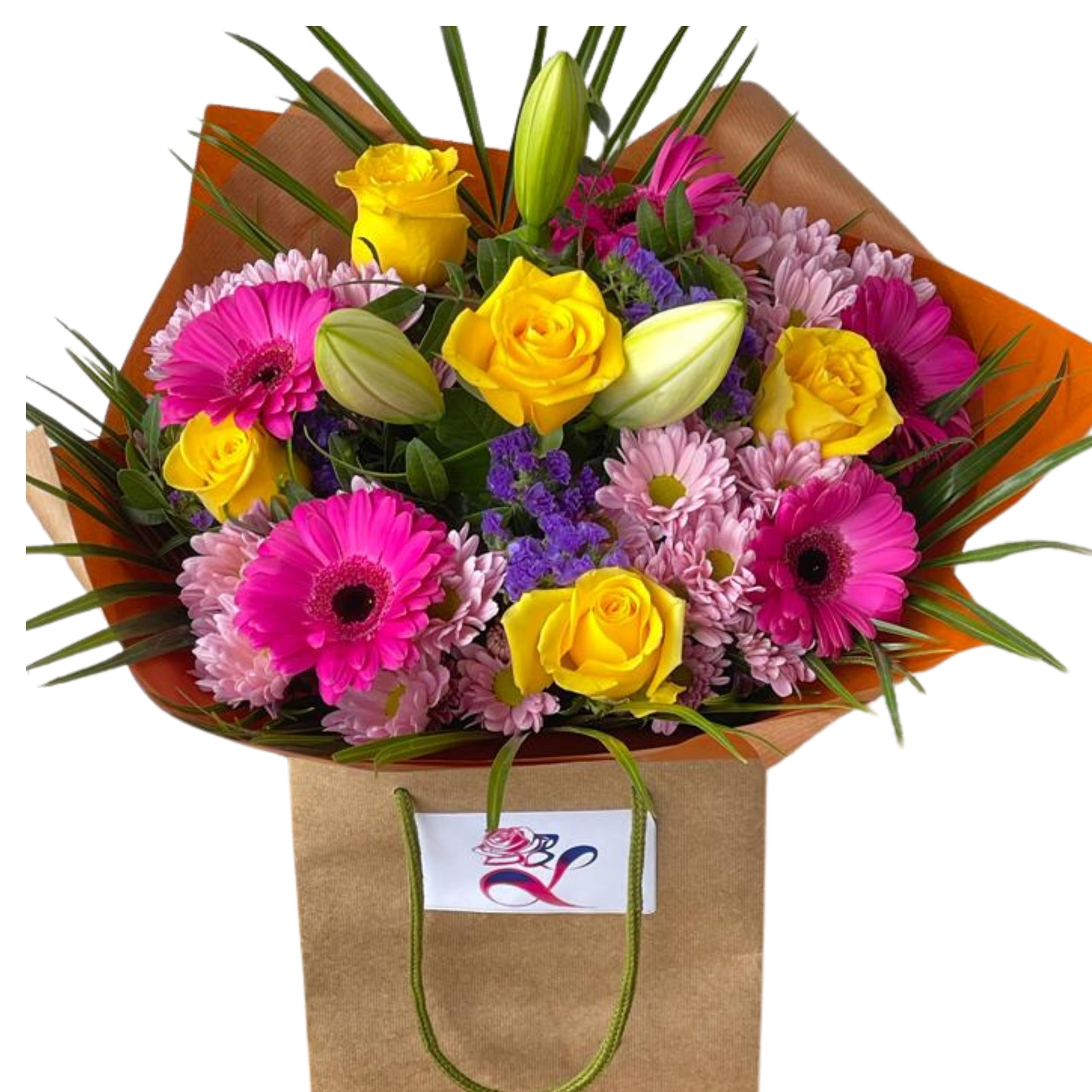 Spring Symphony Fresh Flowers Rose, Lily, Gerbera Golden Orange Fall | Unique Bi