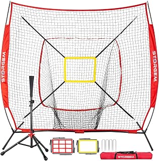 Storgem 7x7 Baseball Softball Net with Tee, Strike Zone & Bow Frame