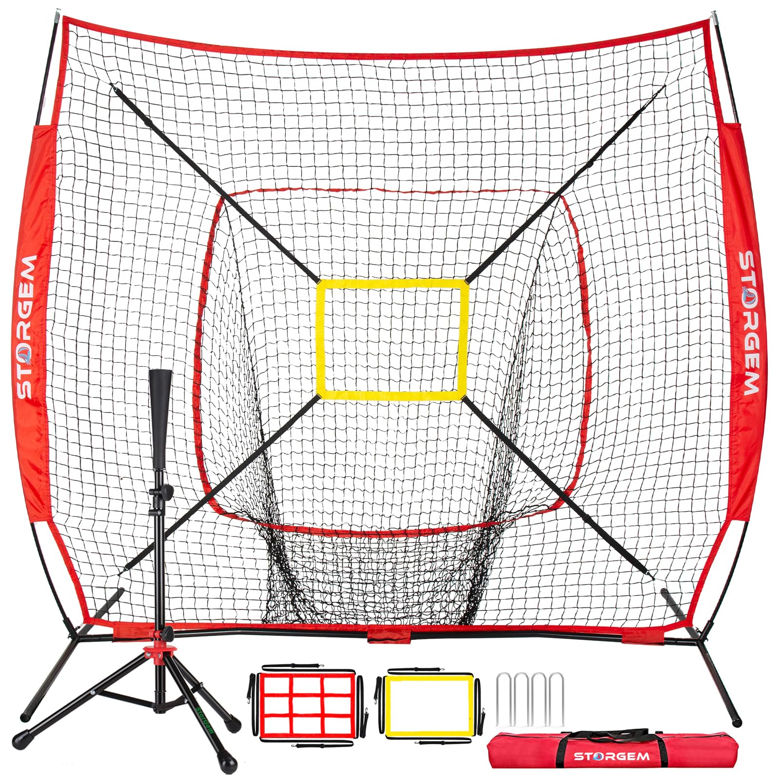 Storgem 7x7 Baseball Softball Net with Tee, Strike Zone & Bow Frame