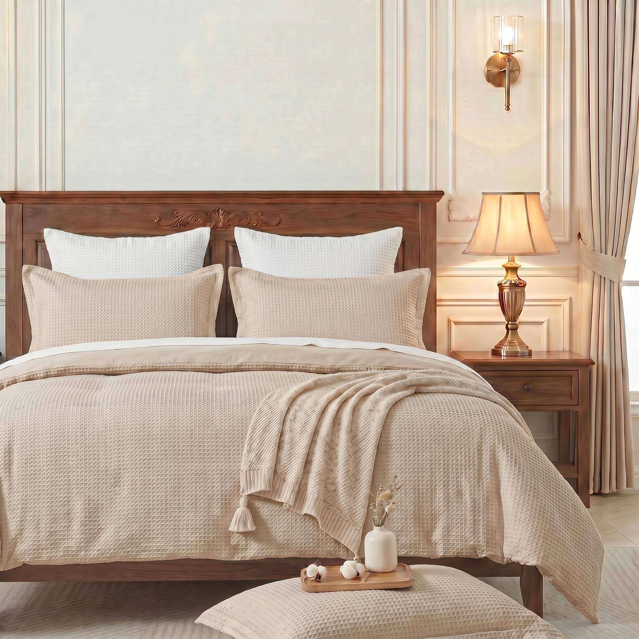 100% Cotton Waffle Weave Duvet Cover Set Queen Size,90”x90”,Beige