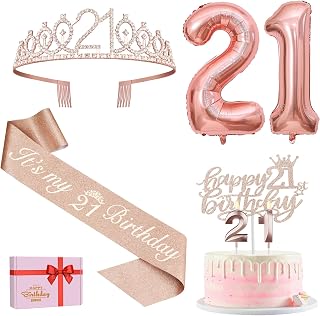 YeohJoy 21st Birthday Decorations for Her Rose Gold | 21st Birthday Sash, Tiara, Cake Topper, Candles, Number Balloons, 21st Birthday Gifts for Her, 21 Birthday Party Supplies