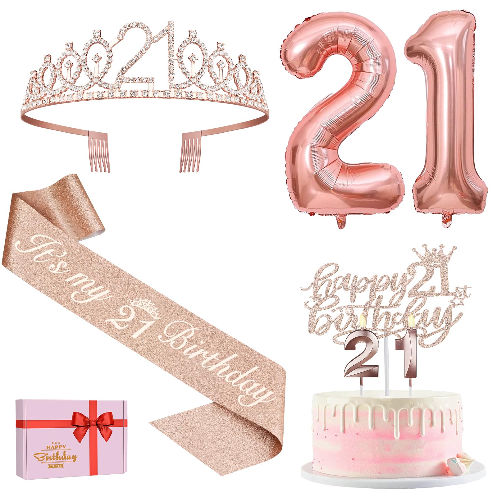 YeohJoy 21st Birthday Decorations for Her Rose Gold | 21st Birthday Sash, Tiara,