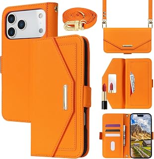 Crossbody Wallet for iPhone 18 Pro Max/iPhone 17 Pro Max Case,6.9",Orange | Long Shoulder Strap,Credit Card Holder, PU Leather, Handbag Purse, Kickstand, Make Up Mirror, Cover Case, for Women Girls