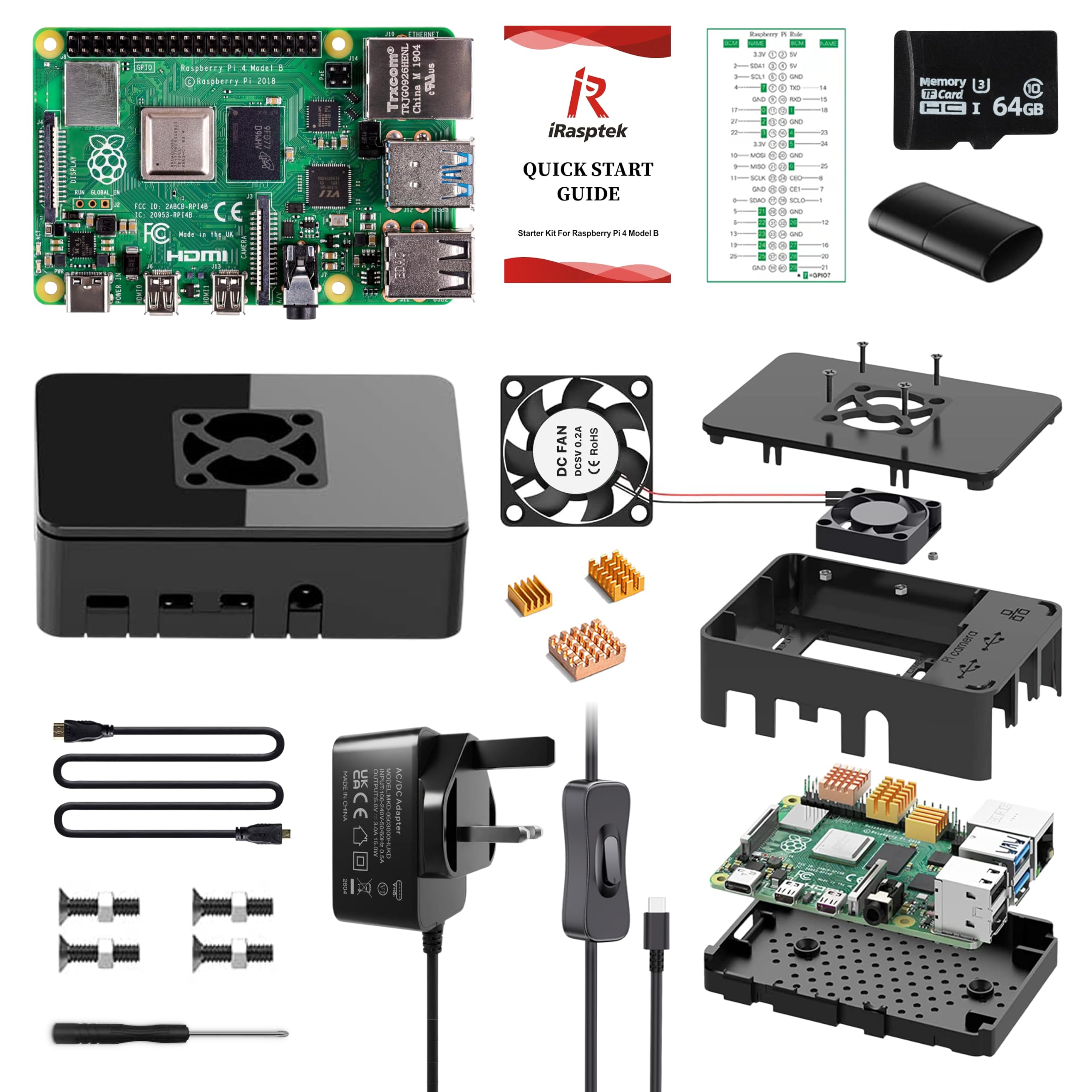 iRasptek Starter Kit for Raspberry Pi 4B 4GB RAM - 64GB SD Card Edition