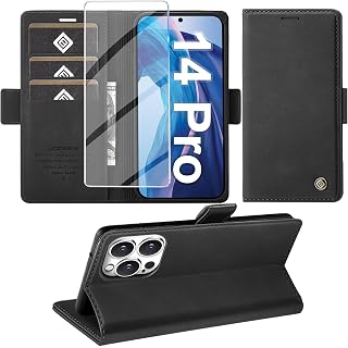 Giyer Cover for iPhone 14 Pro Case with Tempered Glass, Premium PU Wallet RFID Card Slot Anti-Theft Function Stand Flip Case, Shockproof for iPhone 14 Pro 5G Cover (Black)