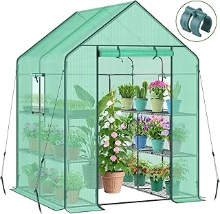 Ohuhu Greenhouse for Outdoors with Screen Windows, 57 x 57 x 76'' Walk in Plant Greenhouses Heavy Duty with Durable PE Cover, 3 Tiers 12 Shelves Stands Plastic Portable Green House with Shelf Clips