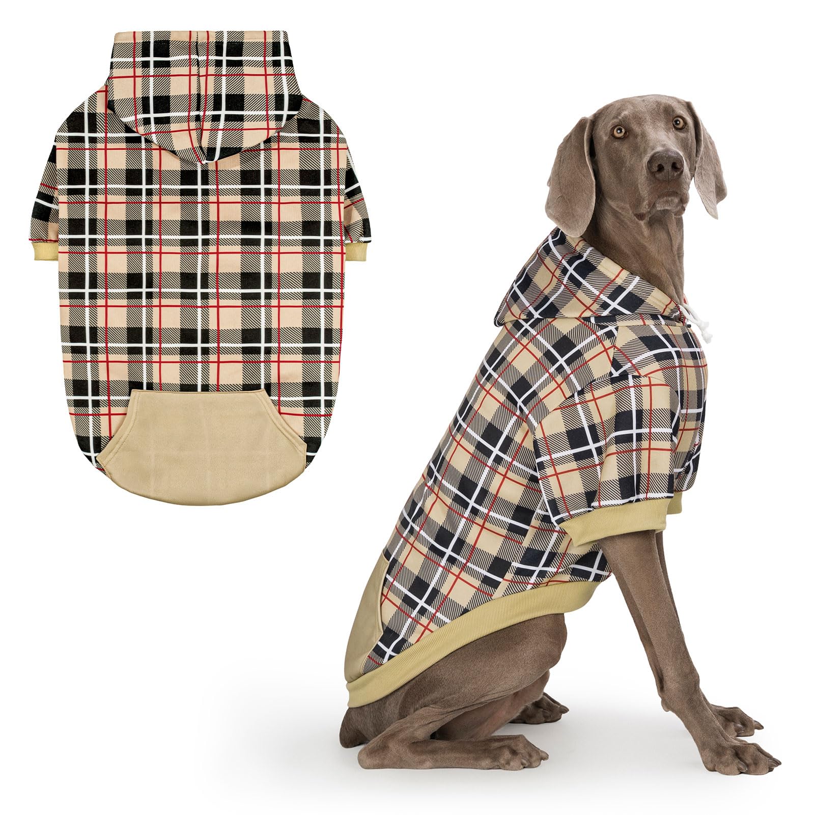 EXPAWLORER Plaid Dog Hoodie - British Style Warm Dog Sweater Shirt with Leash Ho