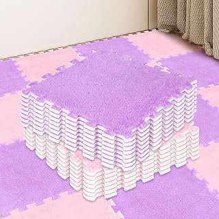 15 Pcs Plush Carpet Tiles, 11.8 Inch Interlocking Foam Mats, Pink Purple | Soft Plush EVA Foam Carpet Tiles With Interlocking Edges And Borders For Bedroom, Living Room, Playroom And Home