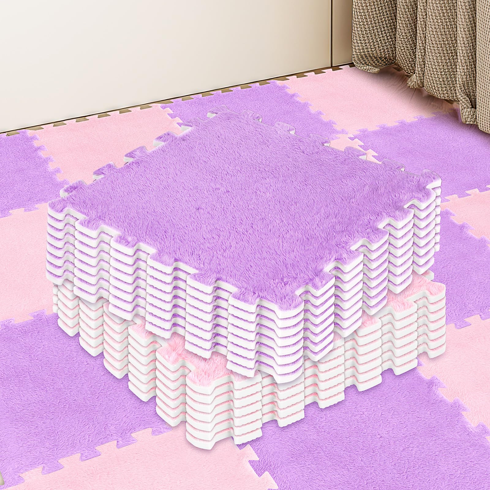 15 Pcs Plush Carpet Tiles, 11.8 Inch Interlocking Foam Mats, Pink Purple | Soft 