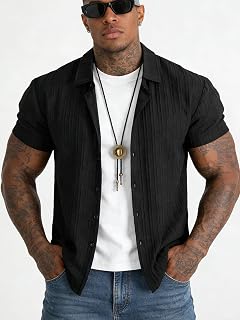 Men's Striped Jacquard Shirt Solid Color Short Sleeve Button Down Shirt Breathable Casual Summer Beach Daily Wear