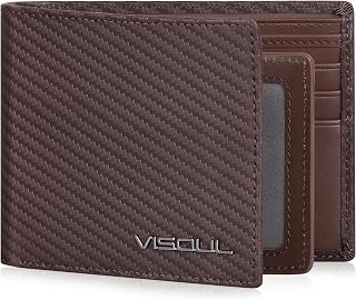 VISOUL Mens Carbon Fiber Leather Bifold Wallet with 2 ID Windows, RFID Blocking Stylish Wallet for Men with 2 Cash Compartments (Brown+Brown)