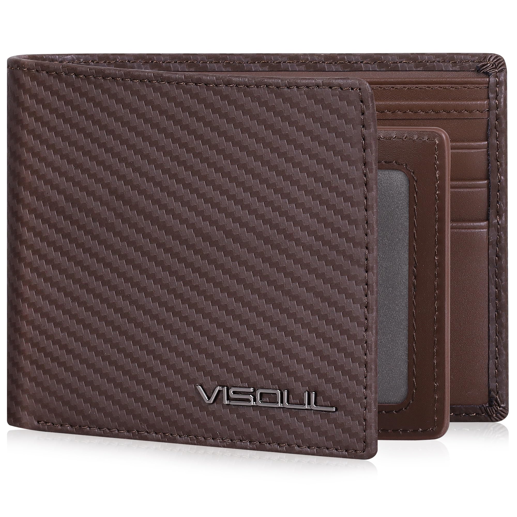 VISOUL Mens Carbon Fiber Leather Bifold Wallet with 2 ID Windows, RFID Blocking 