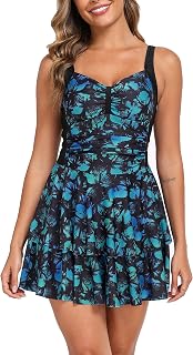 Halcurt Women's One Piece Swimsuit with Skirt Ruched Ruffle Tummy Control Swim Dress Bating Suit