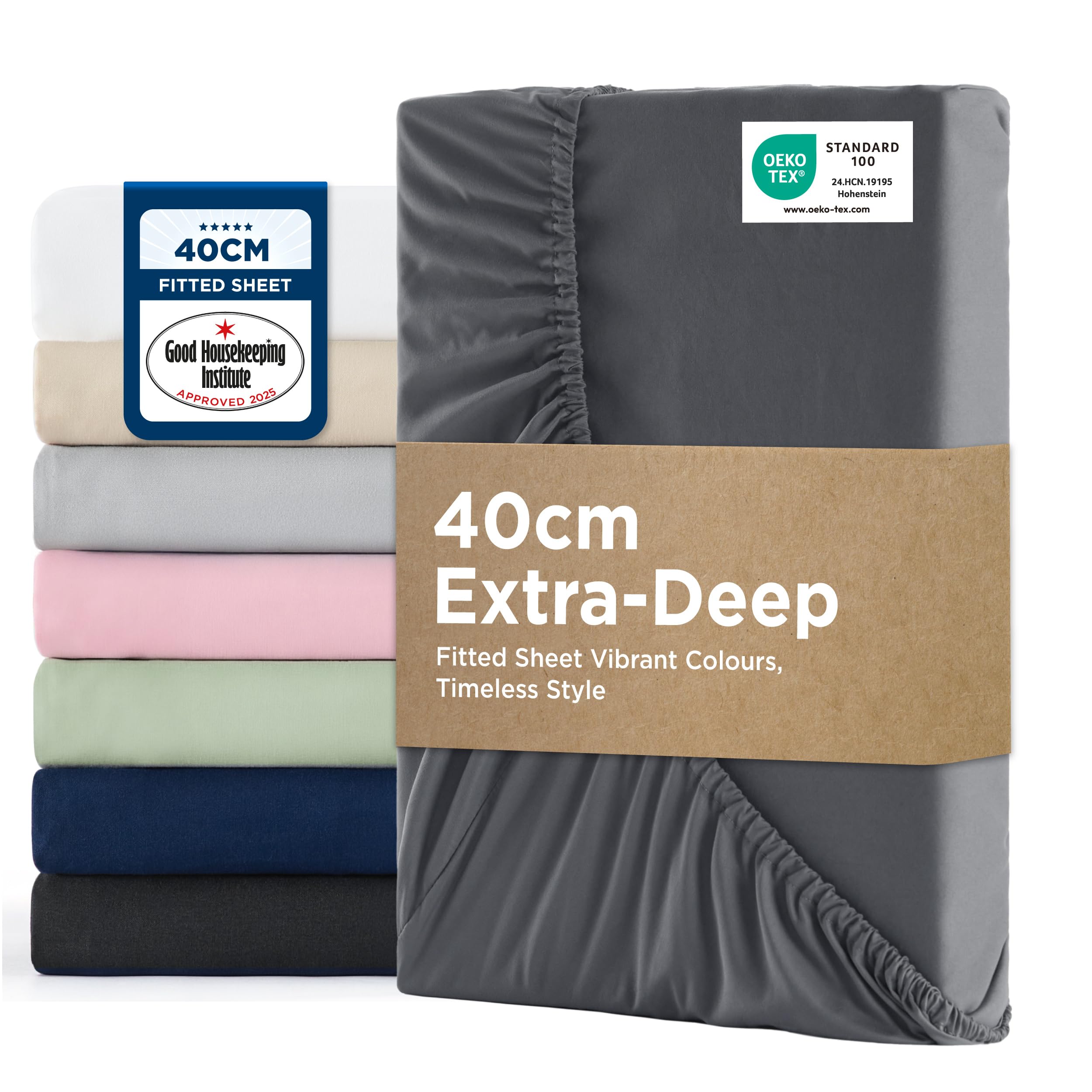 Bedsure Super King Fitted Sheet - 40cm Pocket, Dark Grey, 180x200cm