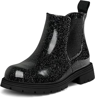 K KomForme Girl Glitter Ankle Boot Side Zipper Chelsea Booties Lug Sole | Water Resistant, Low Heel