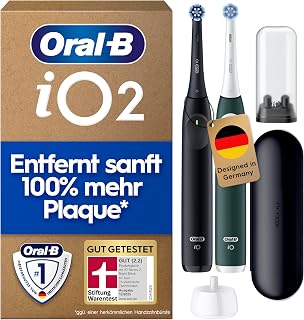 Oral-B iO Series 2 Electric Toothbrush, DUO Pack, Two Toothbrush Heads, 3 Brushing Modes For Dental Care, Travel Case, Travel Refill Holder, Designed By Braun, Night Black/Forest Green