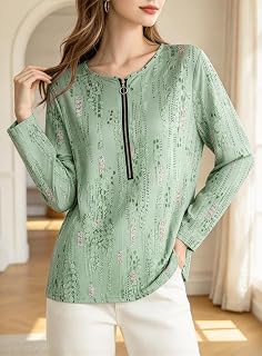 Women Crew Neck Half Zip Front Straight Long Sleeve Relaxed Casual Tee Top Daily