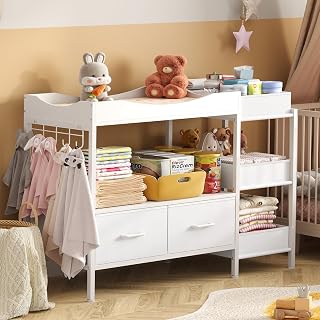 Baby Changing Table with Storage,Heavy-Duty Diaper Changing Station, White Nursery Dresser Organizer with 2 Large Fabric Baby Drawers, 3 Diaper Caddy Bin &amp; Wood Shelf, Kids &amp; Baby Bedroom Furniture