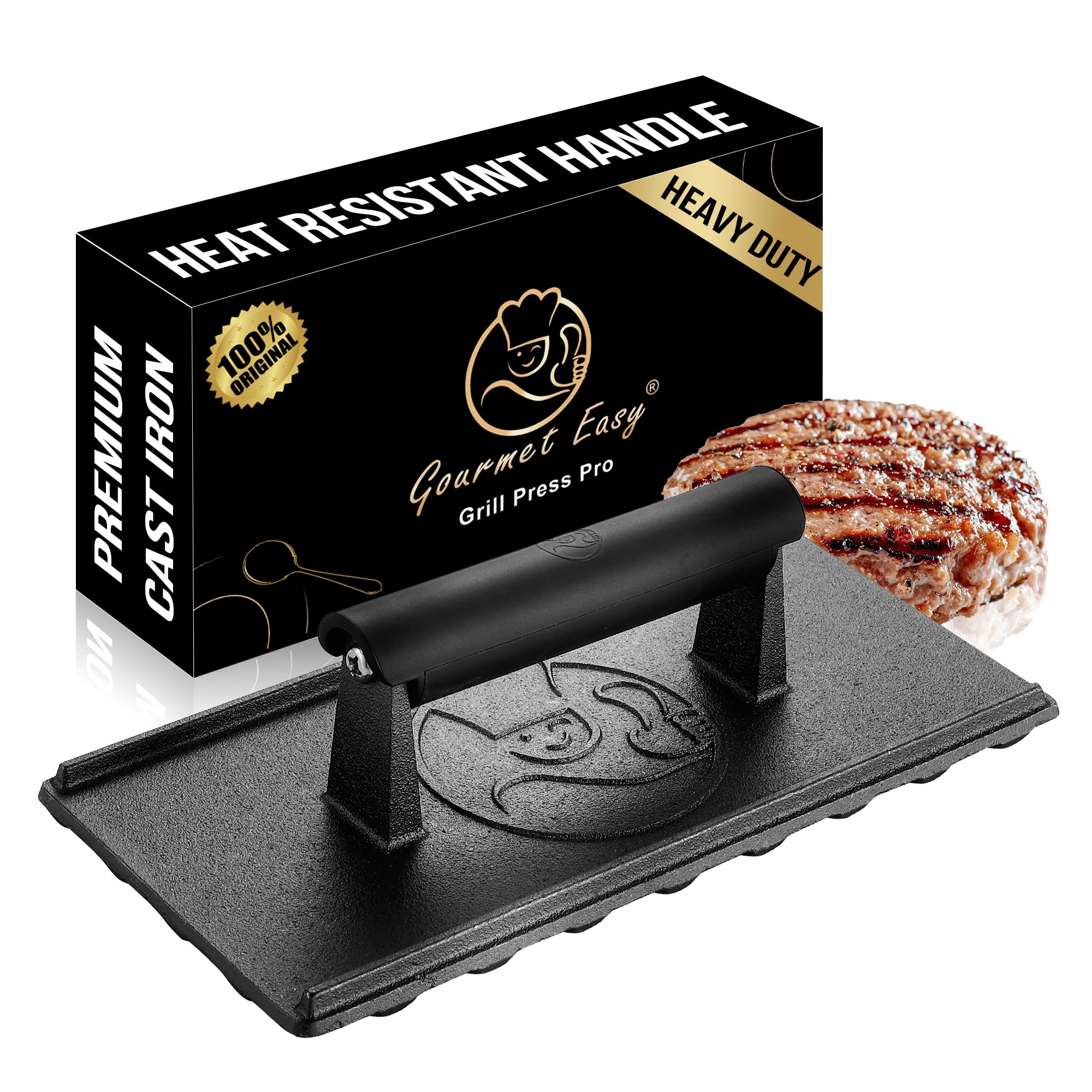 Gourmet Easy 3 lbs Cast Iron BBQ Grill Press with Heat Resistant Handle