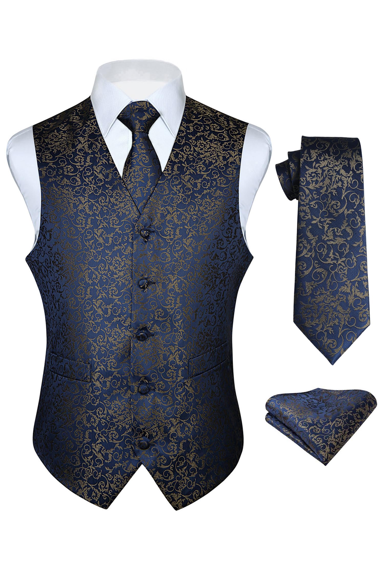 HISDERN Men's Classic Paisley Floral Jacquard Vest and Tie and Pocket