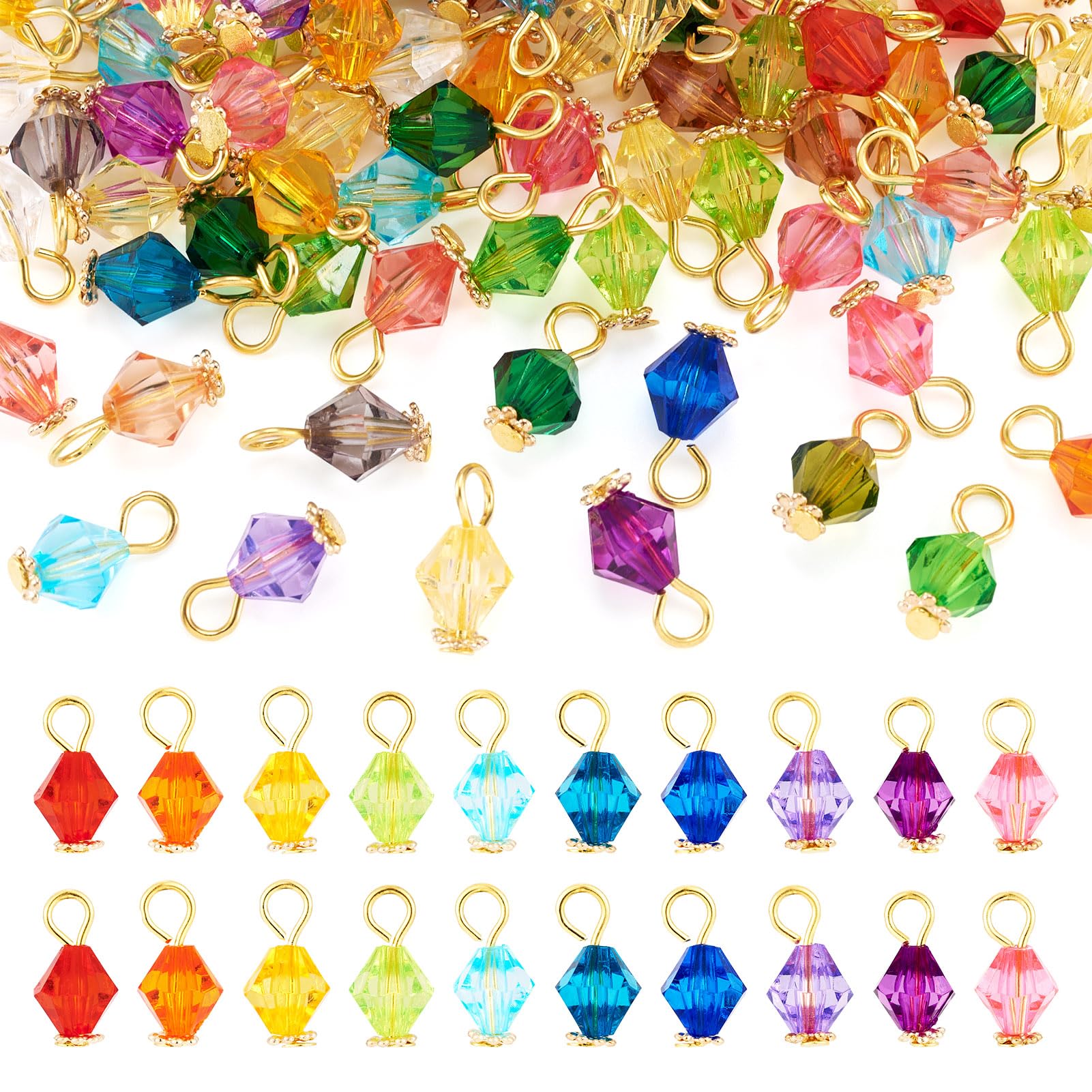 100Pcs Crystal Acrylic Dangle Charms Assorted Transparent Faceted Bicone Charms 