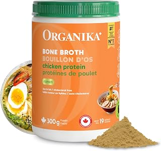 Organika Canadian-Made Chicken Bone Broth Powder Ramen Flavour-15g Protein Per Serving, Mineral-Rich, Convenient Powder Format, Keto | Free-Run, Non-GMO and Organic Vegetarian Fed-Chickens- 300g
