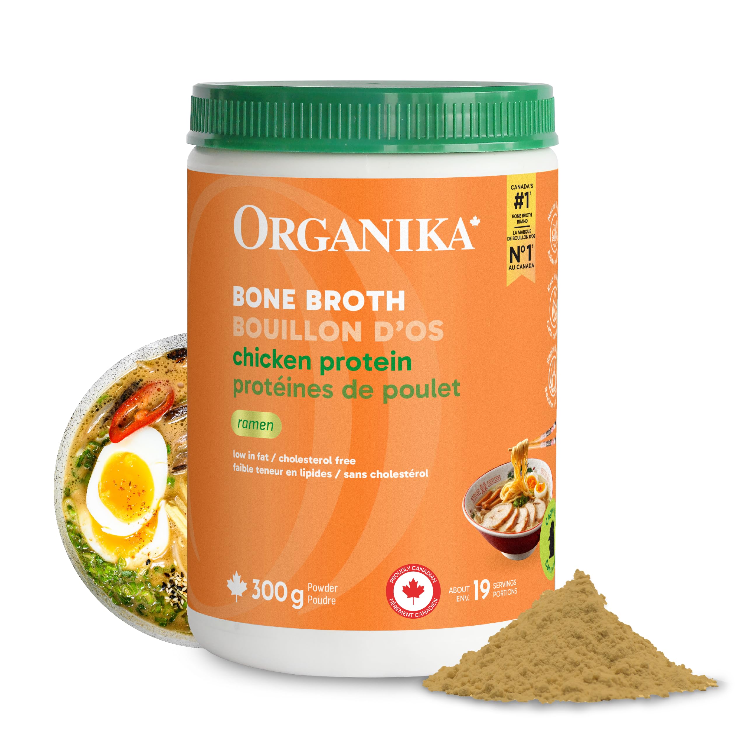 Organika Canadian-Made Chicken Bone Broth Powder Ramen Flavour-15g Protein Per S
