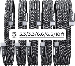 LISEN USB C to USB C Cable 60W for iPhone 18 Pro Duo Charging Cable, 5-Pack | for iPhone 18 Fast Charger/17/16/15 Galaxy S26/S25/S24, 3.3/3.3/6.6/6.6/10FT Gift for Car, Home, Office, Bed and Travel Cord