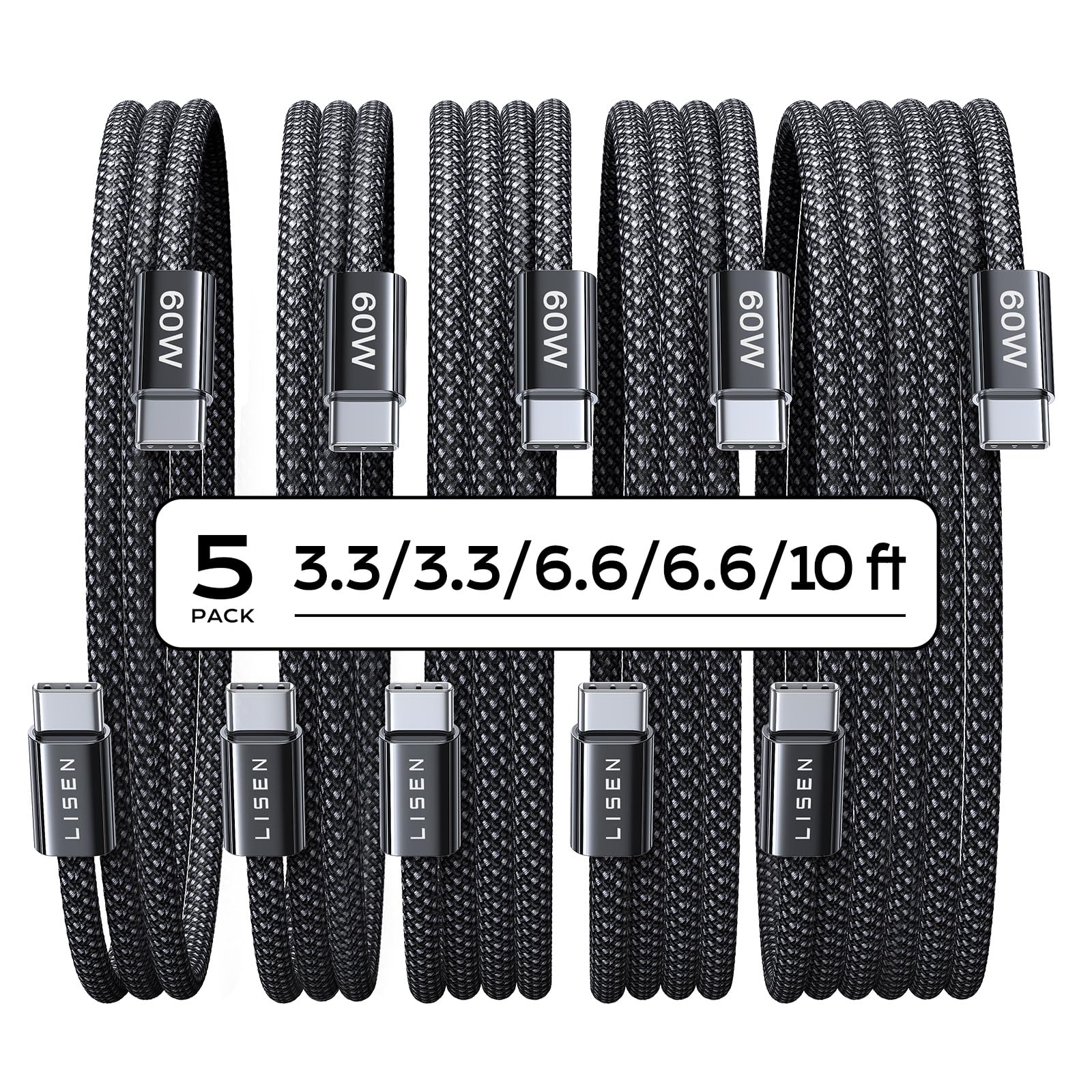 LISEN USB C to USB C Cable 60W for iPhone 18 Pro Duo Charging Cable, 5-Pack | fo