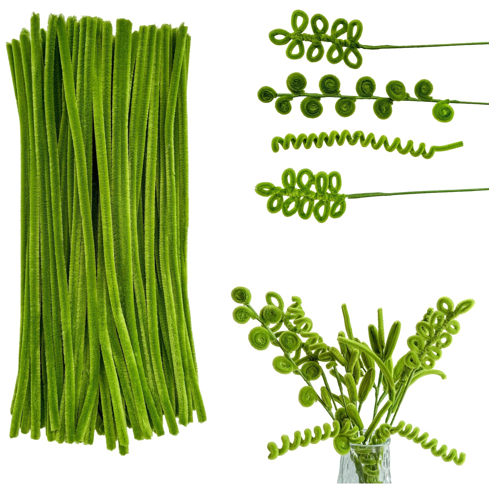 300pcs Bulk Green Pipe Cleaners Chenille Stems - Soft Craft Supplies for DIY, Fl