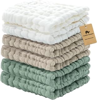 Cuddle Campus 6 Pack Muslin Baby Washcloths, Burp &amp; Wash Cloths for Babies | 100% Cotton, Extra Soft &amp; Absorbent, 12×12 Inches (Stretched Size), Baby Bath Towels for Newborn Girls &amp; Boys