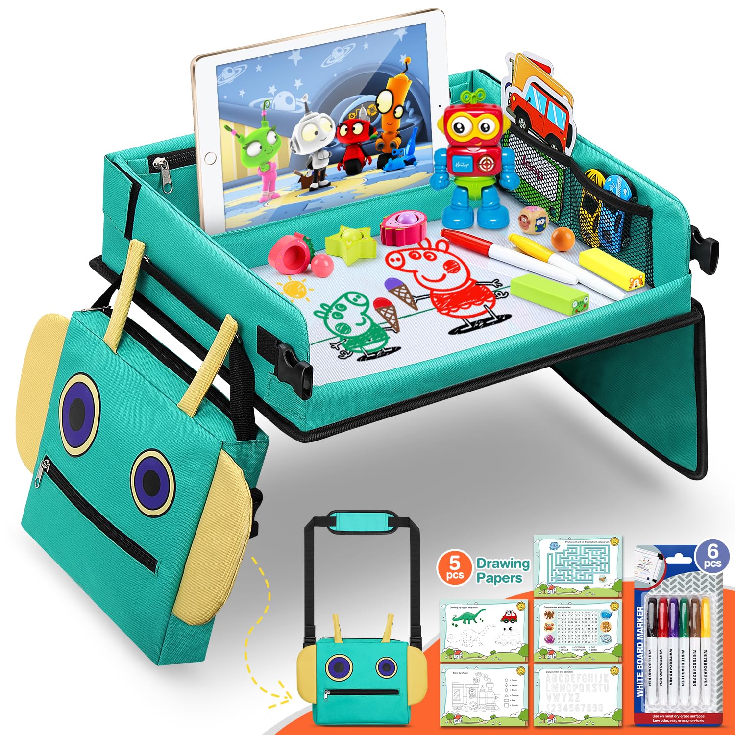 COOLJOY Kids Travel Tray for Toddler Car Seat, 2 in 1 Kids Lap Tray with Robot B
