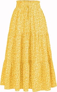 MSLG Women's High Elastic Waist Midi Skirt Casual Summer Trendy Tie Front Flowy Ruffle Floral Print A line Skirts 626