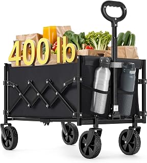 SONGMICS Collapsible Wagon, Foldable Wagon Cart, Folding Camp Cart with Wheels, for Outdoor, Yard, 180 kg Dynamic Weight Capacity, 90 L, Ink Black UGFW909B01