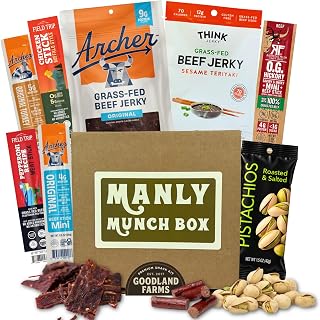 Manly Munch Box Jerky Gift Box – High Protein Beef & Turkey Jerky Variety Pack, Snack Gift for Men, Dad, Husband, Grandpa or Boyfriend – Savory Snack Gift Set for Him