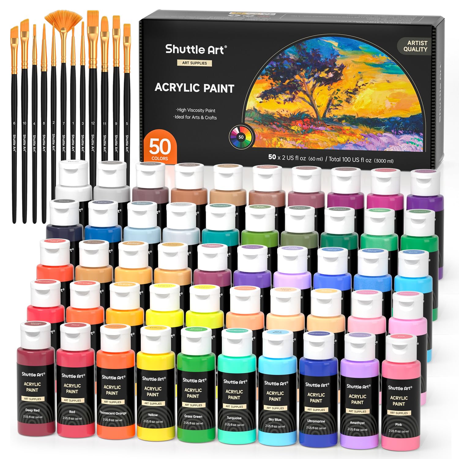 Shuttle Art 62pcs Acrylic Paint, 50 x 2 fl oz Acrylic with 12 Brushes