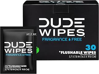 DUDE Wipes On-The-Go Unscented Adult Flushable Travel Wipes, 30 Count | 30 individually wrapped flushable butt wipes. Travel essentials. Hypoallergenic, 99% water, vitamin E and aloe. Septic safe.